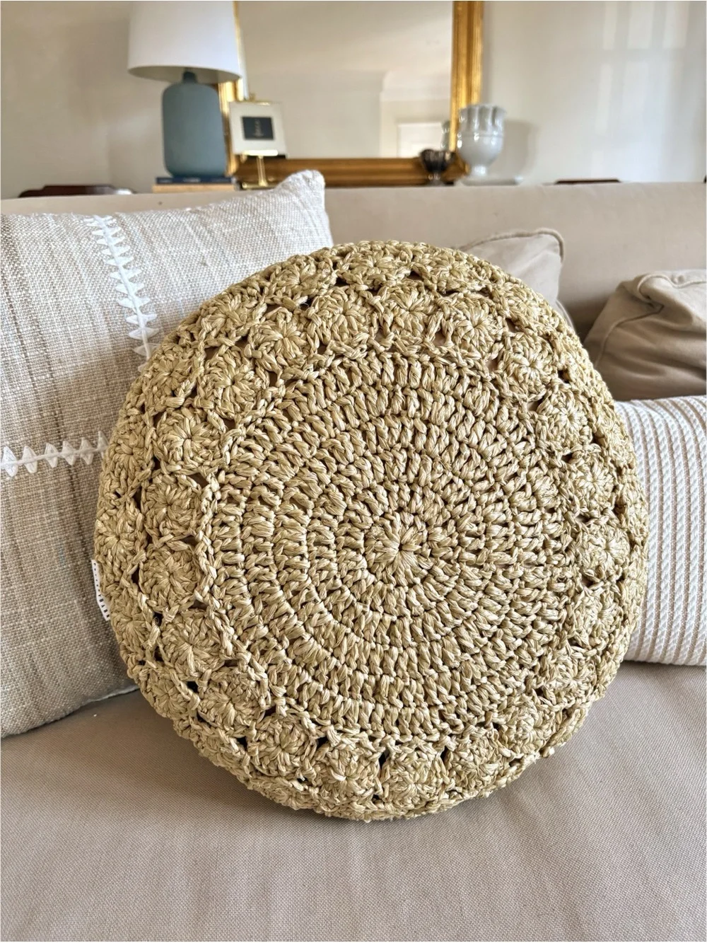 Pottery Barn || Round Crochet Raffia Accent Pillow Beachy Boho Tan Khaki